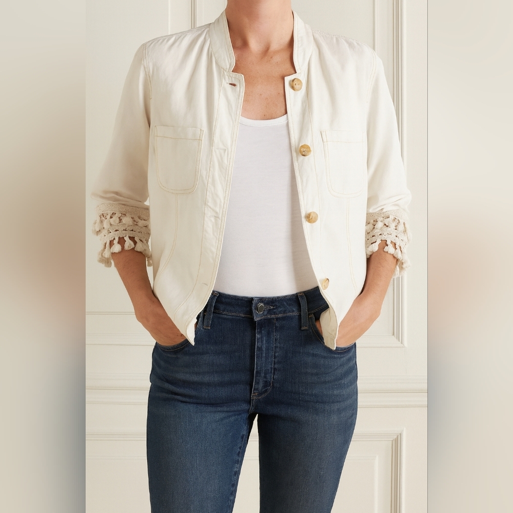Chico's 3/4 Sleeve Linen Blend Utility Jacket Alabaster Boho Sz 3